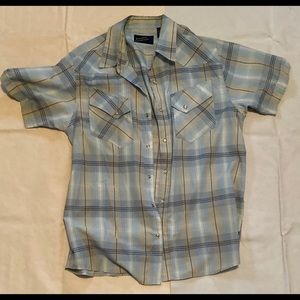 Pineapple Connection Men’s plaid blue snap shirt M